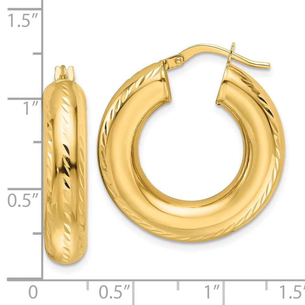 14K Yellow Gold 6x27mm Polished Diamond-cut Round Tube Hoop Earrings