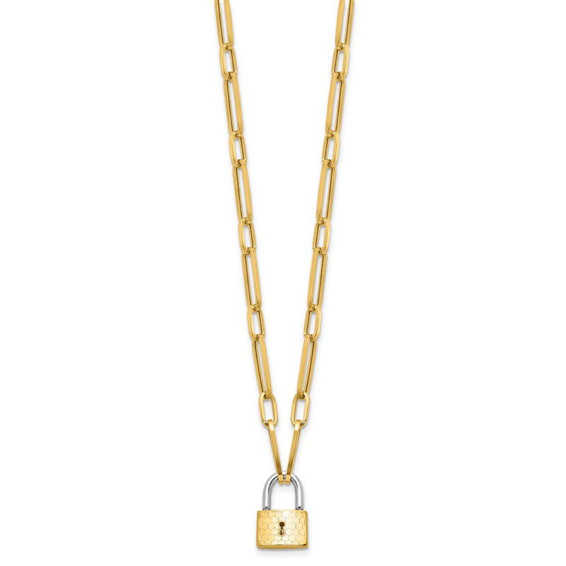 14K Two-Tone Gold Two-tone Fancy Link with Lock Dangle 18.25 Inch Necklace