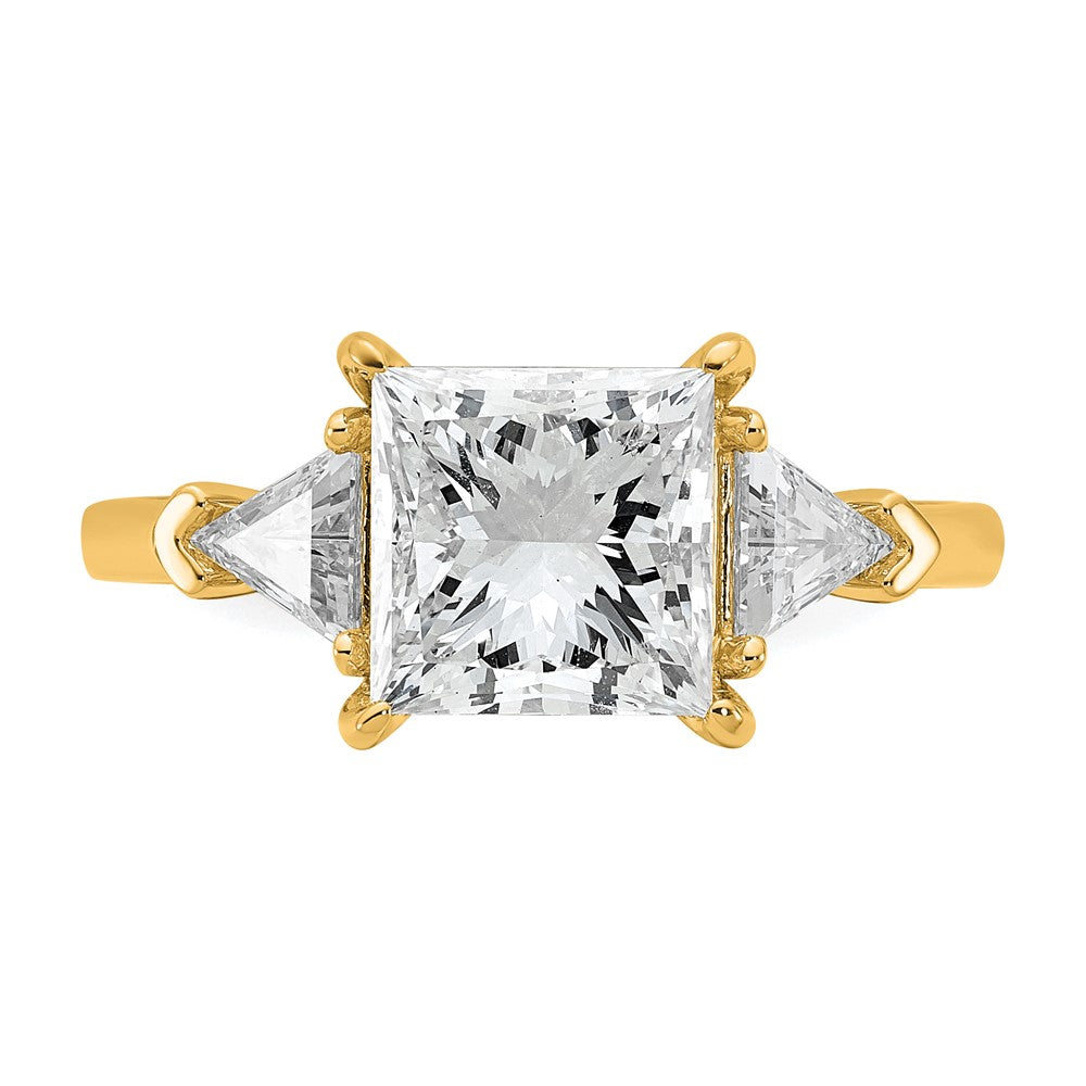 14K Yellow Gold 5/8 carat Lab Grown Diamond VS+ F+ Trillion and 2 1/2 carat Princess Center Semi Mount Three Stone Engagement Ring