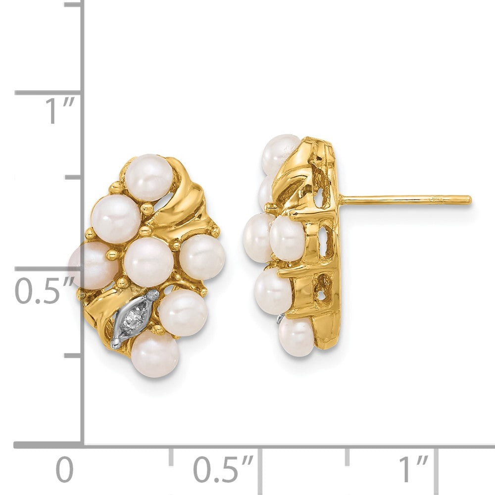 14K Yellow Gold 3-4mm Button Freshwater Cultured Pearl and .02 Carat Diamond Post Earrings