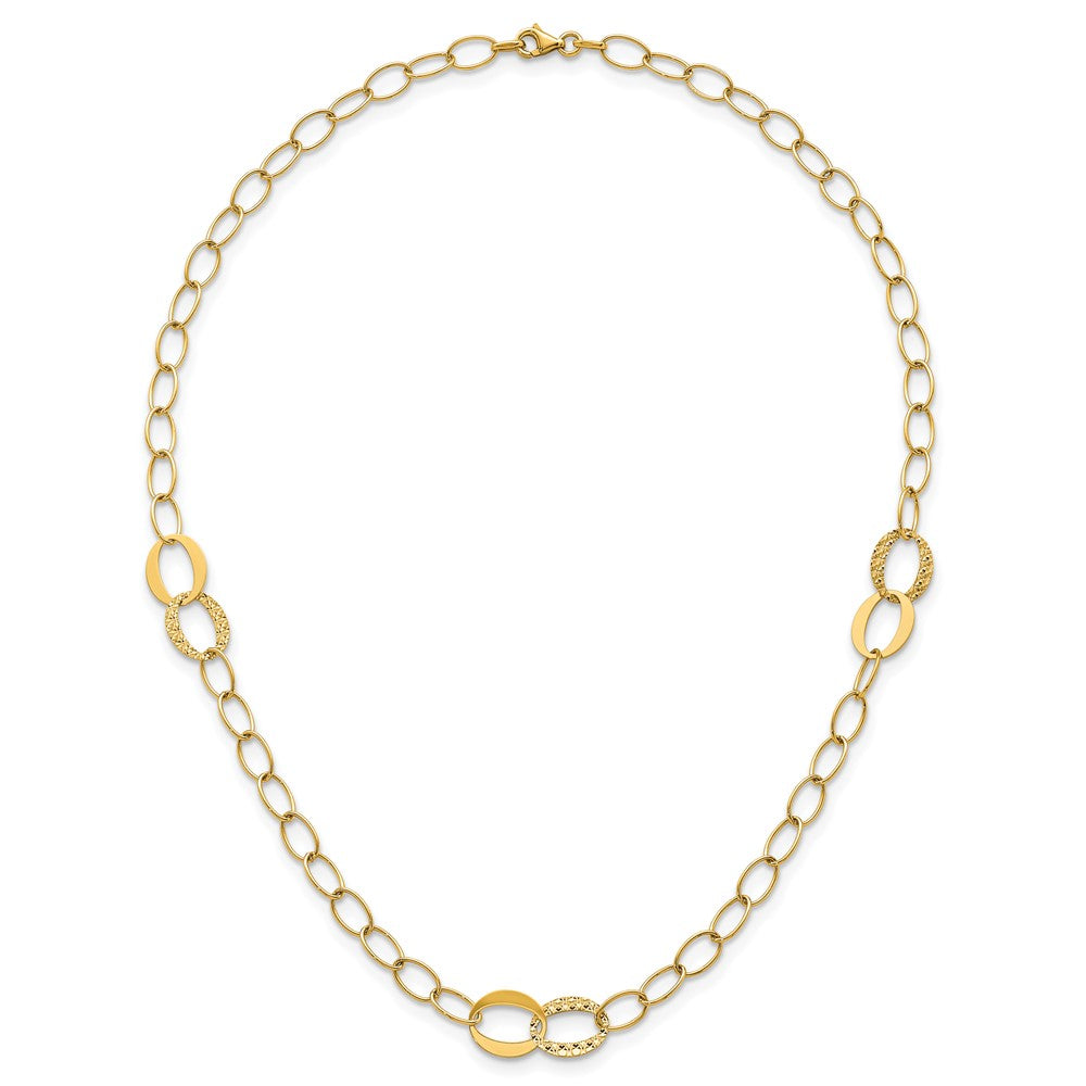 14K Yellow Gold Polished and Textured Fancy Oval Link 3-Station 16.75 Inch Necklace