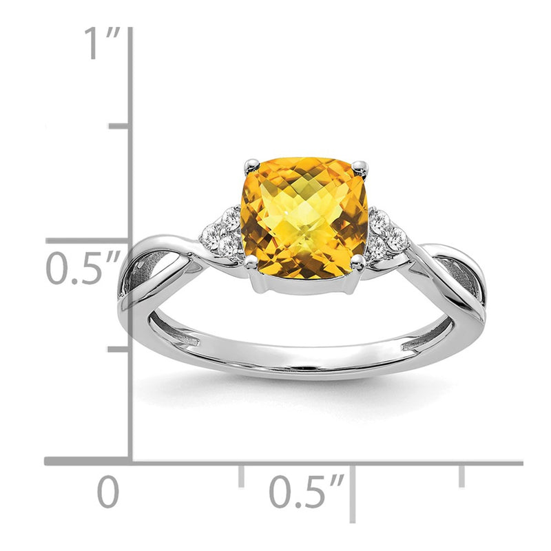 14K White Gold 7mm Cushion Checkerboard November/Citrine and Diamond Ring