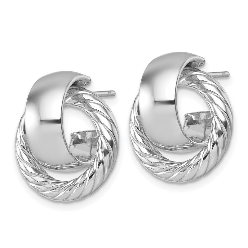 14K Yellow Gold with Rhodium Polished and Twisted Doorknocker C-Hoop Post Earrings
