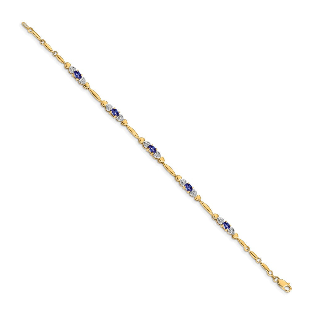 14K Yellow Gold Complete Diamond and Oval Tanzanite Heart Design 7 Inch Bracelet