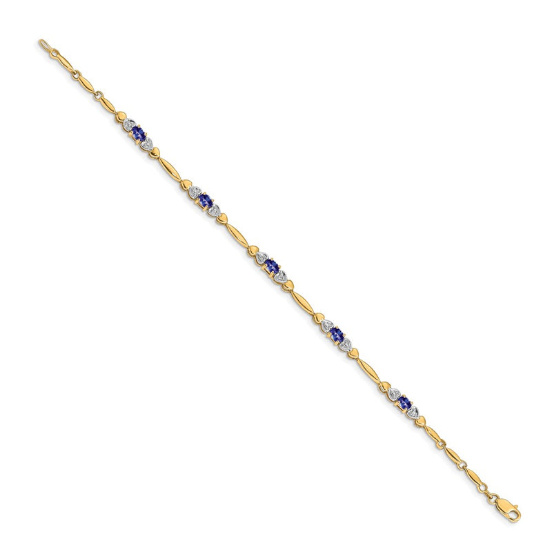 14K Yellow Gold Complete Diamond and Oval Tanzanite Heart Design 7 Inch Bracelet