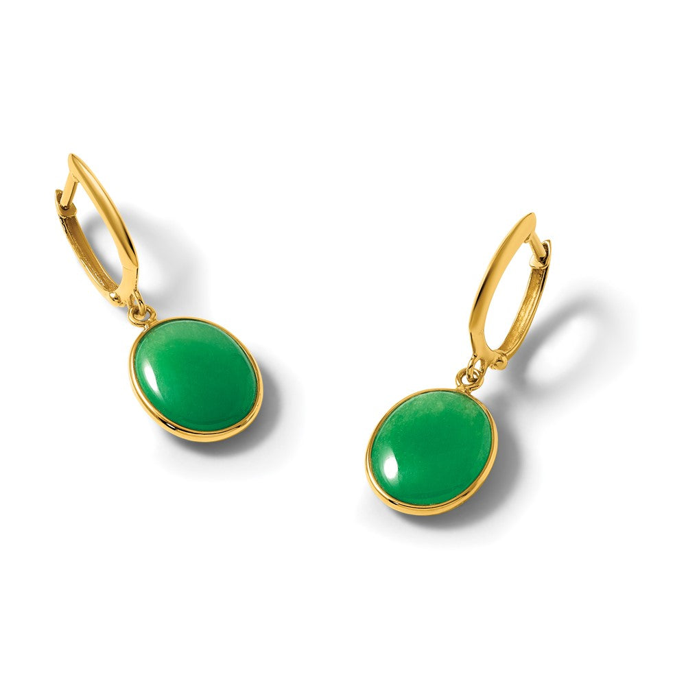 14K Yellow Gold Polished Oval Jade Cabochon Dangle Hinged Hoop Earrings