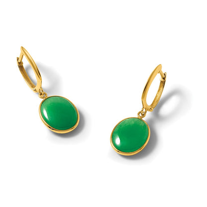 14K Yellow Gold Polished Oval Jade Cabochon Dangle Hinged Hoop Earrings