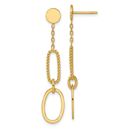 14K Yellow Gold Polished And Twisted Oval Link Dangle Post Earrings