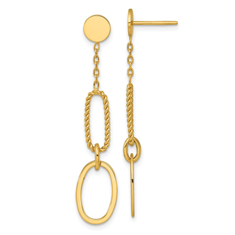 14K Yellow Gold Polished And Twisted Oval Link Dangle Post Earrings