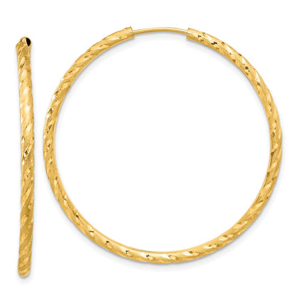 14K Yellow Gold 2.00x40mm Polished and Satin Diamond-cut Endless Tube Hoop Earrings