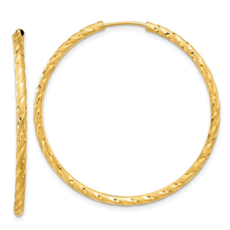 14K Yellow Gold 2.00x40mm Polished and Satin Diamond-cut Endless Tube Hoop Earrings