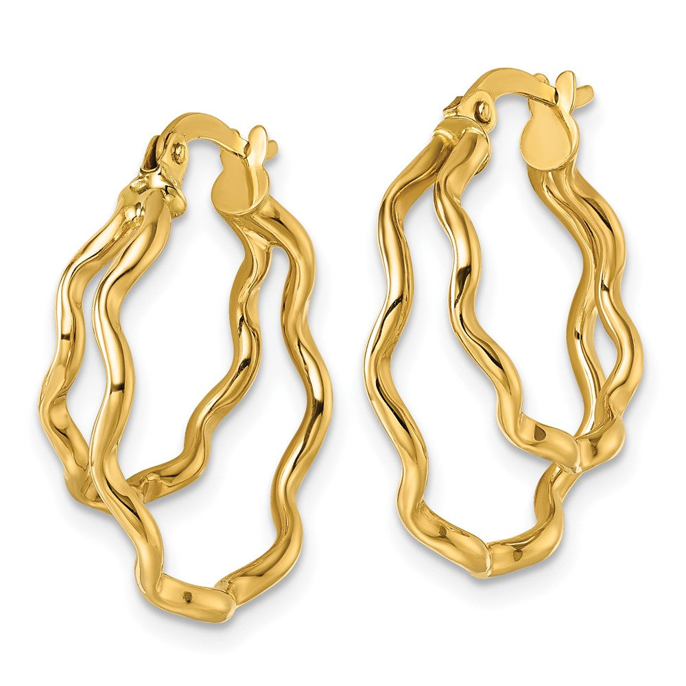 14K Yellow Gold Polished Wavy Double Circle Hoop Earrings