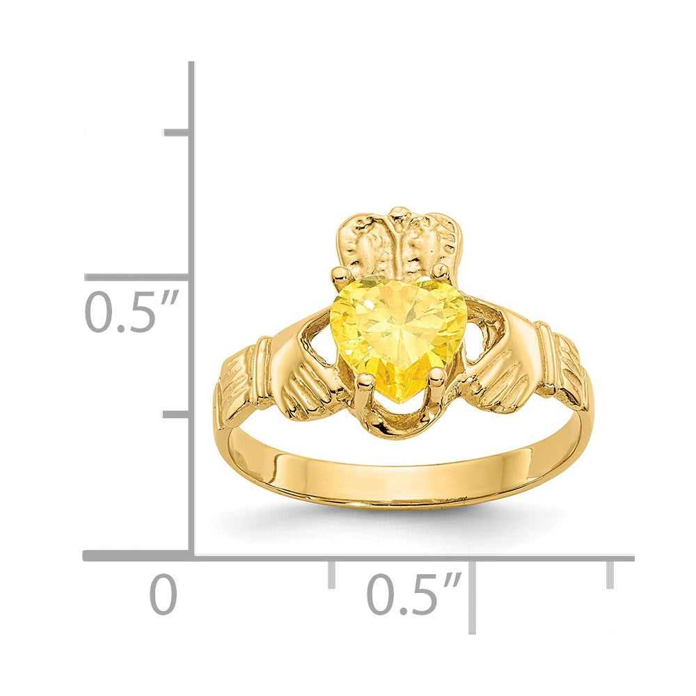 14K Yellow Gold November CZ Heart Birthstone Claddagh Ring