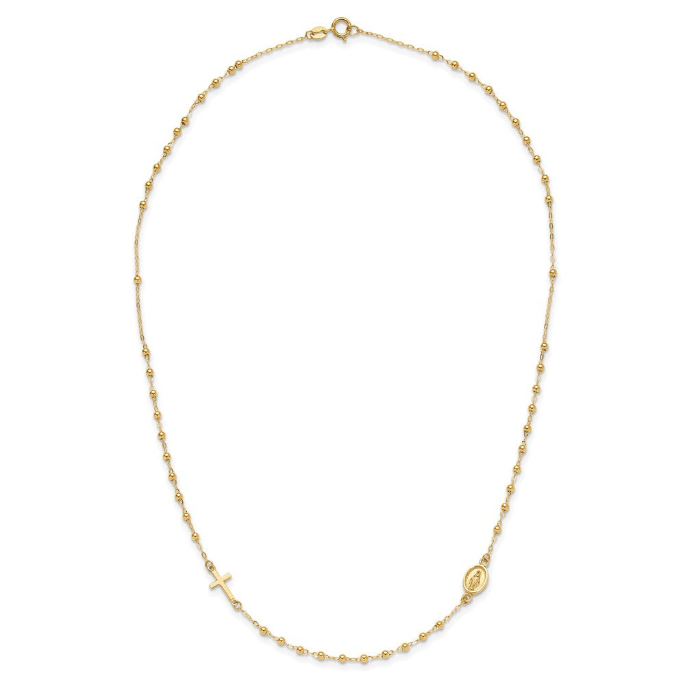 14K Yellow Gold Polished Miraculous Medal and Cross Beaded Rosary Design 16.5 Inch Necklace