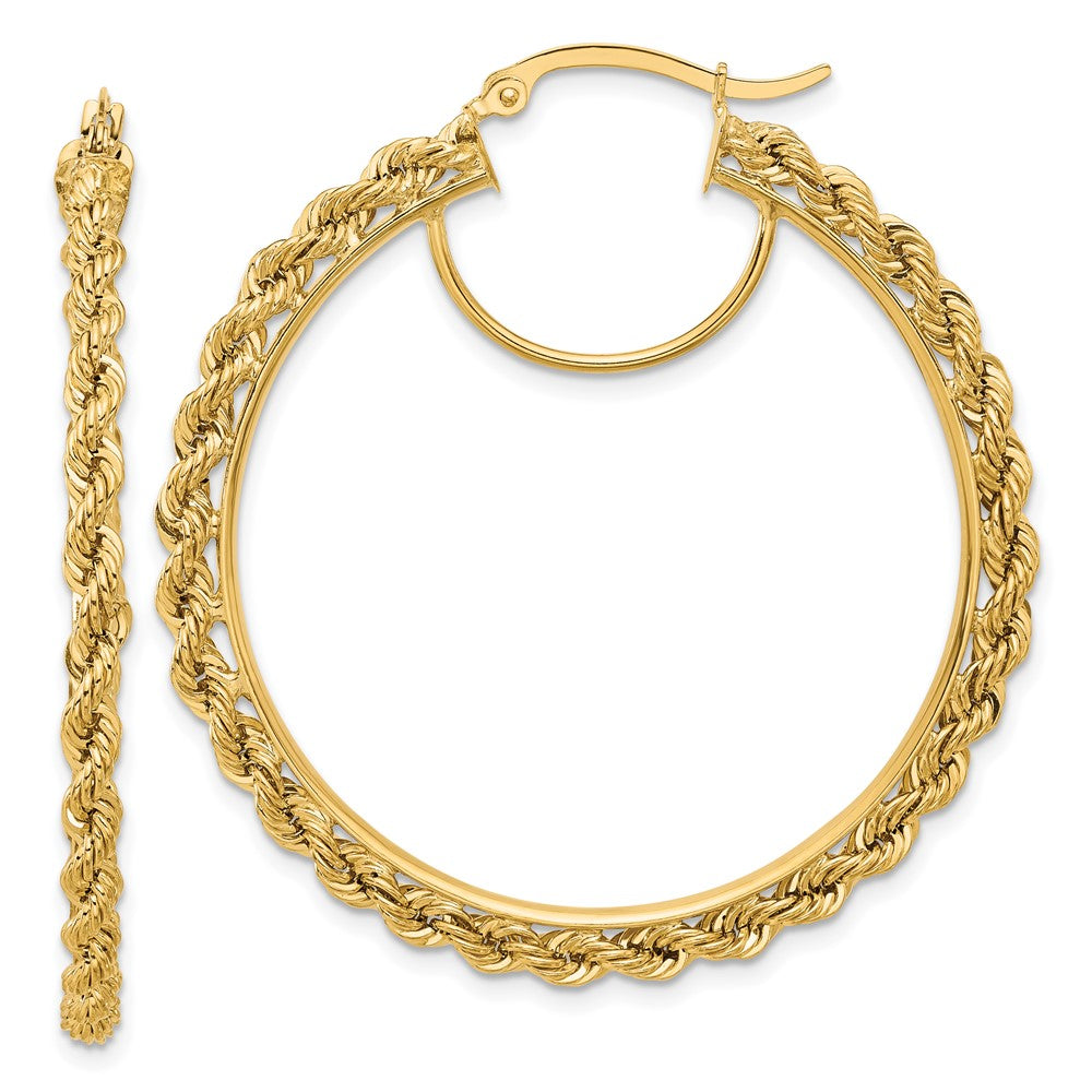 14K Yellow Gold Polished and D/C Rope 2.95mm Hoop Earrings