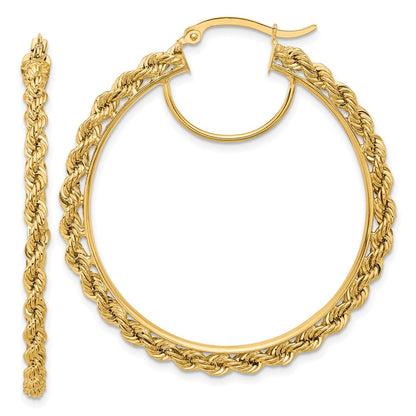 14K Yellow Gold Polished and D/C Rope 2.95mm Hoop Earrings