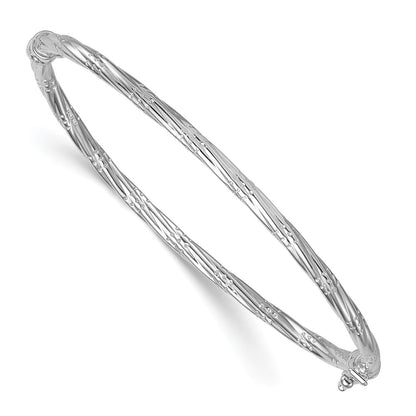 14K Yellow Gold with Rhodium Polished and Textured 2.90mm Twisted Hinged Oval Bangle Bracelet