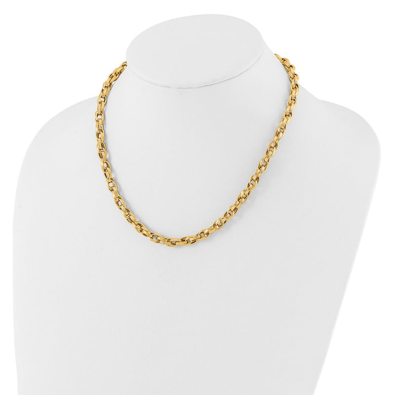 14K Yellow Gold Polished and Grooved 6mm Fancy Oval Link 18 Inch Necklace