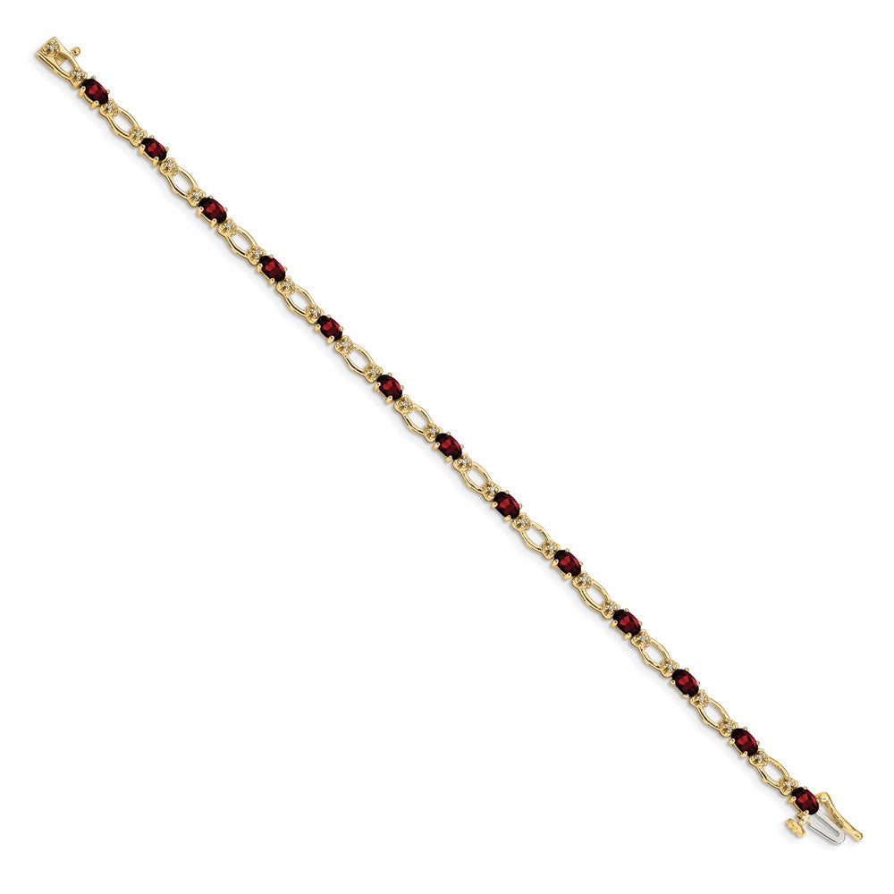 14K Yellow Gold Complete Diamond and Oval Garnet Heart Accent 7 Inch Bracelet
