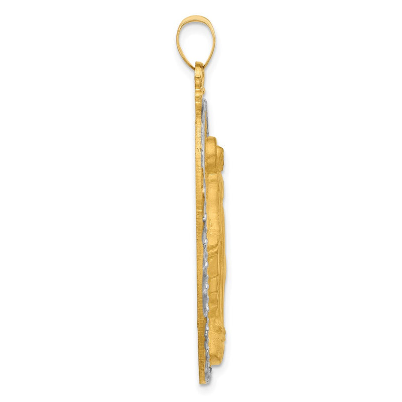 14K Yellow Gold and Rhodium Polished and Satin Solid Large Miraculous Medal Oval Pendant