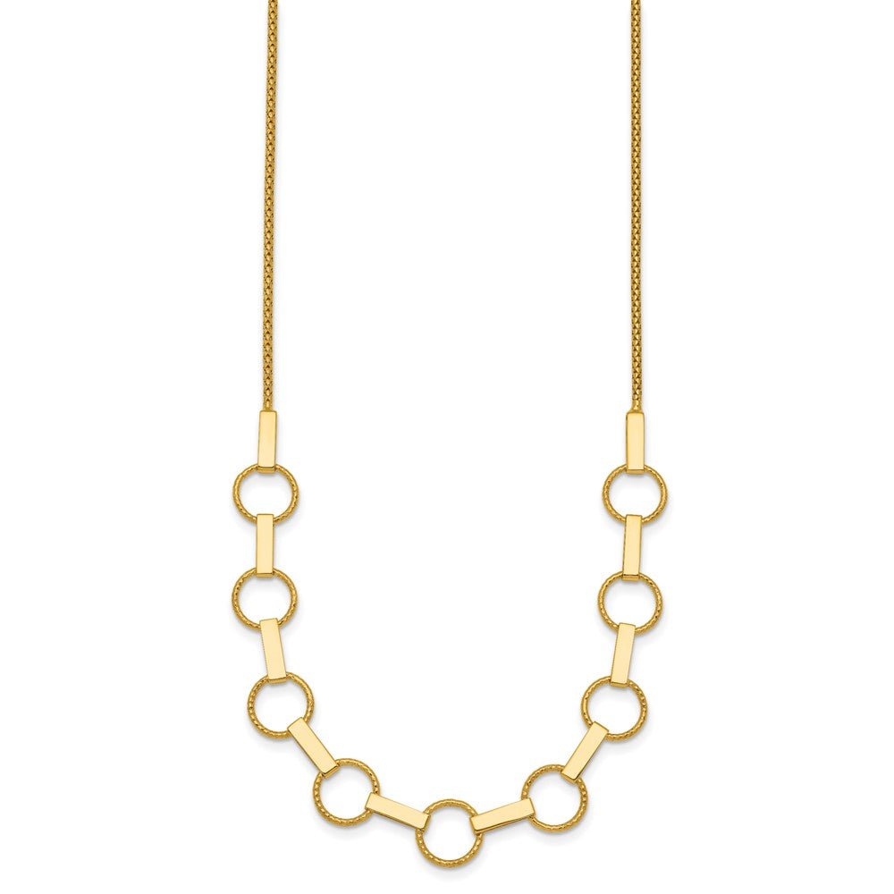 14K Yellow Gold Polished and Textured Circles and Bars 17.5 Inch Necklace