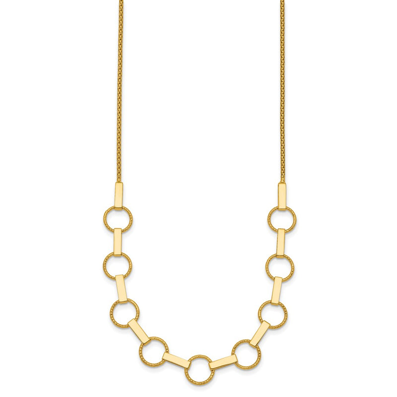 14K Yellow Gold Polished and Textured Circles and Bars 17.5 Inch Necklace