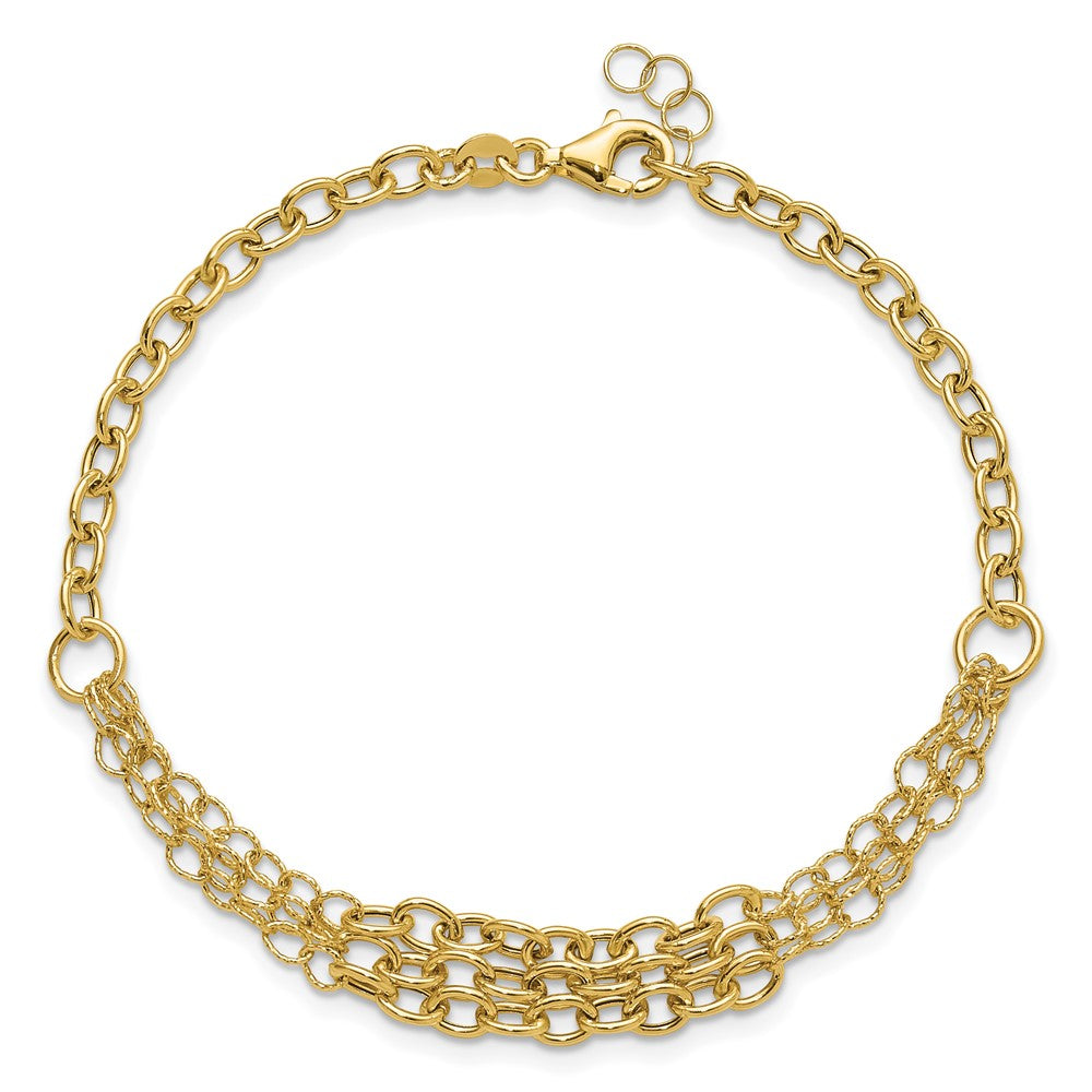 14K Yellow Gold Polished and Textured Fancy Cable with 3-Strand Center 7.5 Inch Bracelet Plus 0.5 Inch Extender
