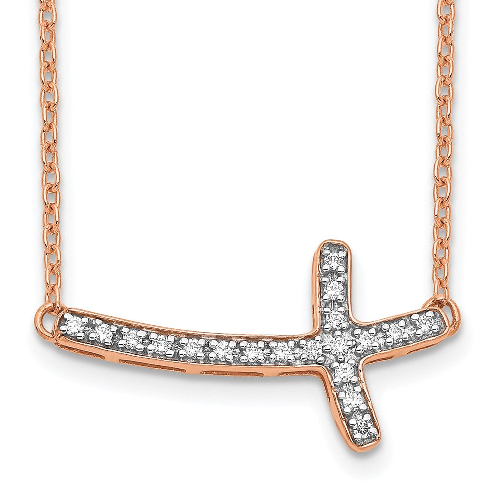 14K Rose Gold 1/10 carat Diamond Sideways Cross 18 Inch Necklace