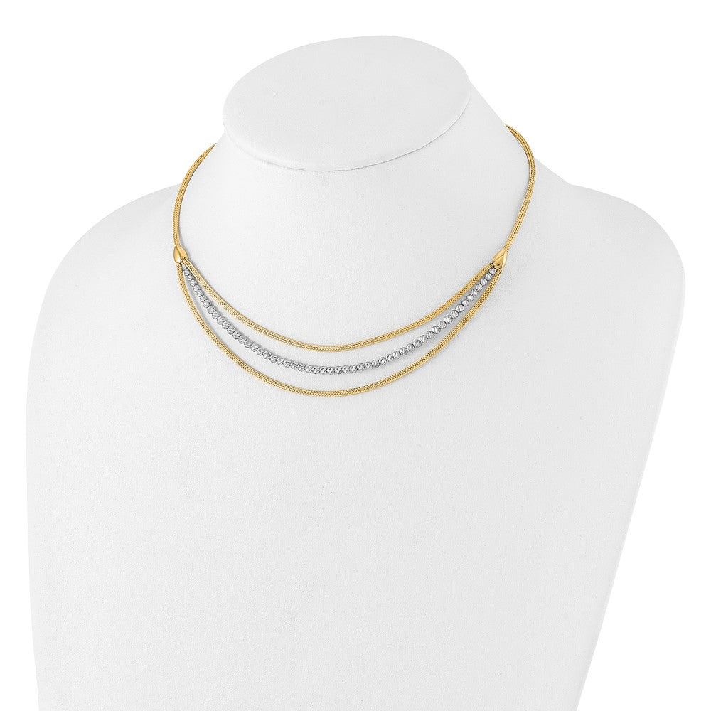 14K Two-Tone Gold Two-tone Diamond-cut Beads and Mesh Chain 3-Strand Bib 15.75 Inch Necklace Plus 2 Inch Extender