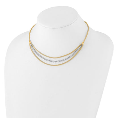14K Two-Tone Gold Two-tone Diamond-cut Beads and Mesh Chain 3-Strand Bib 15.75 Inch Necklace Plus 2 Inch Extender