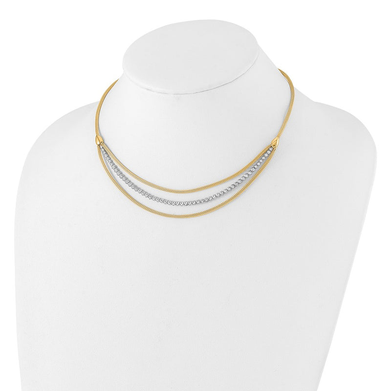 14K Two-Tone Gold Two-tone Diamond-cut Beads and Mesh Chain 3-Strand Bib 15.75 Inch Necklace Plus 2 Inch Extender