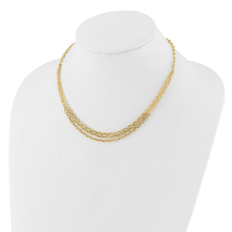 14K Yellow Gold Polished and Textured Fancy Cable with 3-Strand Bib 17 Inch Necklace