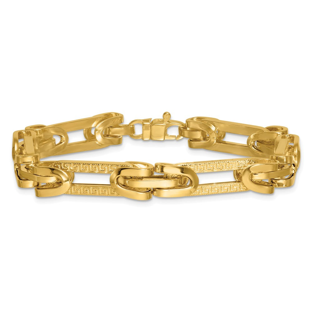 14K Yellow Gold Polished and Textured 7.6mm Fancy Greek Key Design Oval Link 7.25 Inch Bracelet