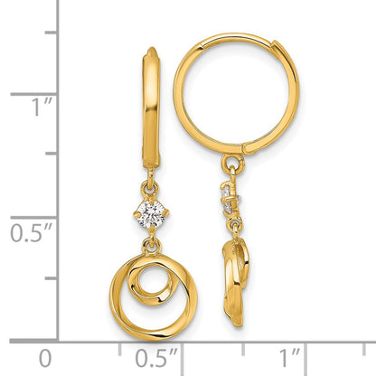 14K Yellow Gold Polished and Twisted Dangling Circle and CZ Round Hinged Hoop Earrings