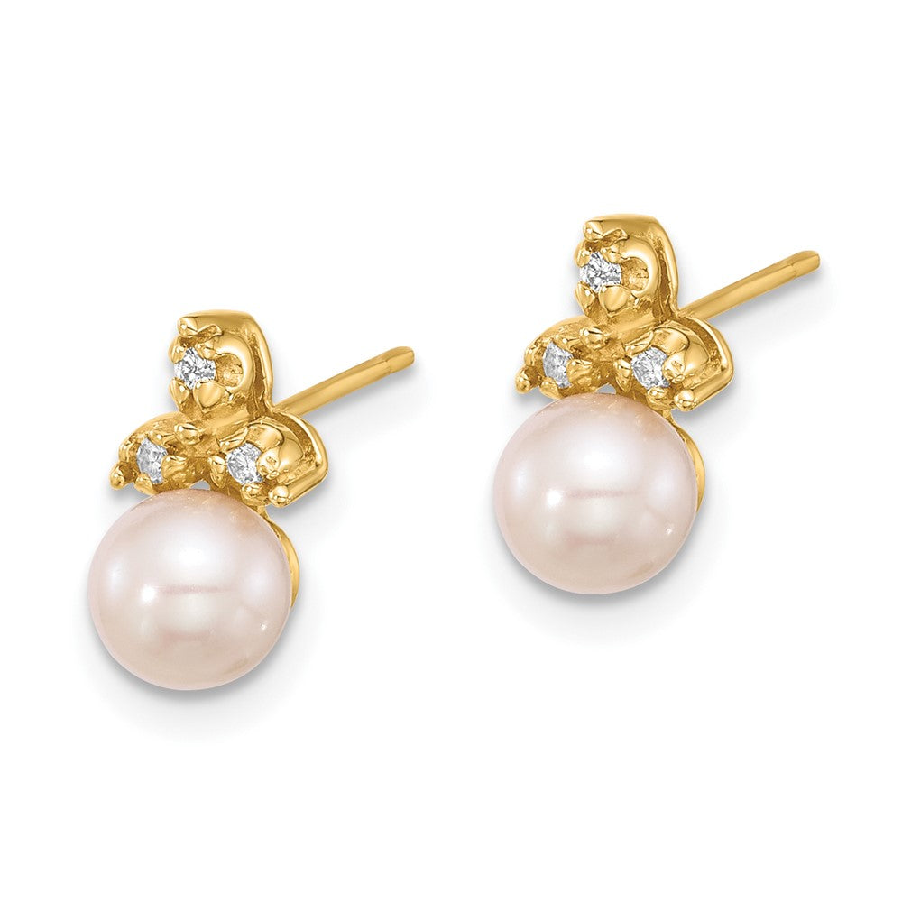 14K Yellow Gold 5-6mm Button Freshwater Cultured Pearl and .06 Carat Diamond Post Earrings