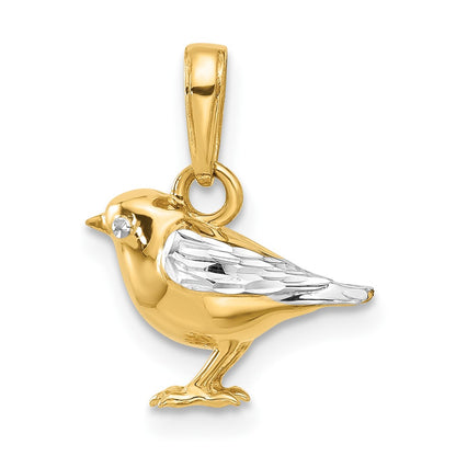 14K Yellow Gold and Rhodium Diamond-cut 3-D Bird Pendant
