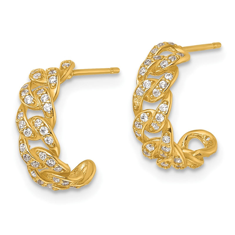14K Yellow Gold Polished CZ Curb Link C-Hoop Post Earrings