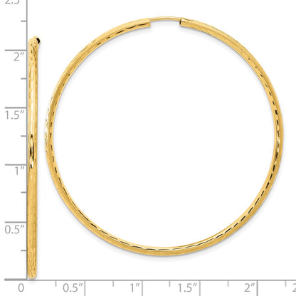 14K Yellow Gold 2.00x55mm Polished and Satin Diamond-cut Endless Tube Hoop Earrings
