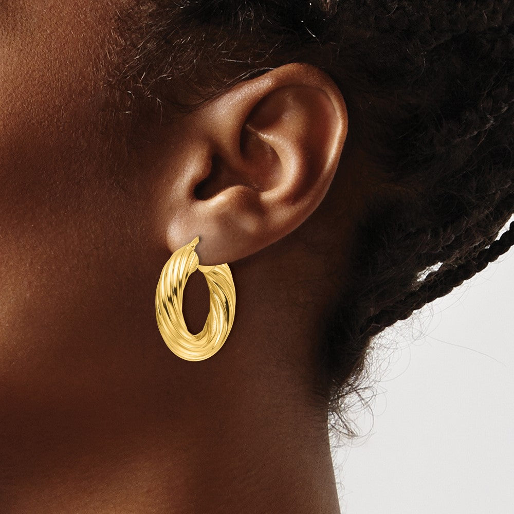 14K Yellow Gold Polished Twist 6mm Hollow Round Hoop Earrings
