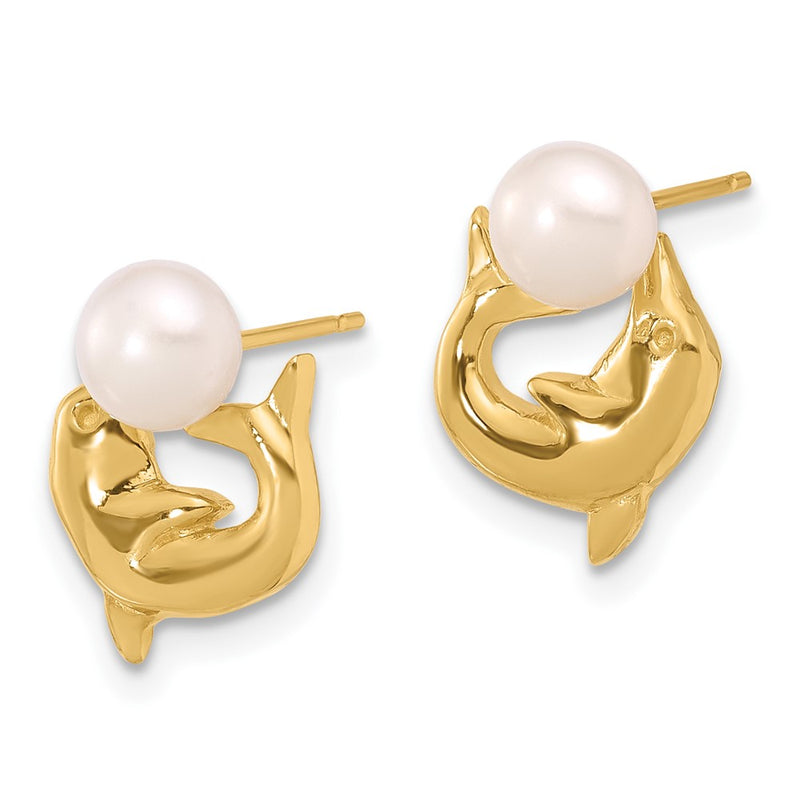 14K Yellow Gold 5-6mm Button Freshwater Cultured Pearl Dolphin Post Earrings