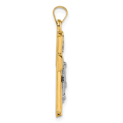 14K Yellow Gold with Rhodium Polished and Textured INRI Crucifix Cross Pendant