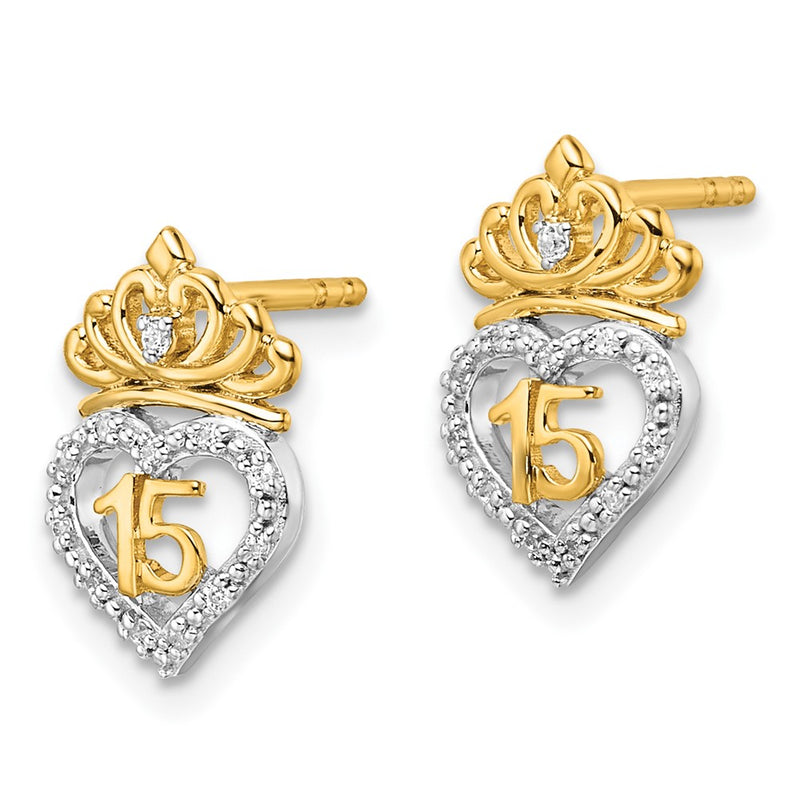 14K Two-Tone Gold Two-tone Polished 1/15 carat Diamond Quinceanera 15 Heart/Crown Post Earrings
