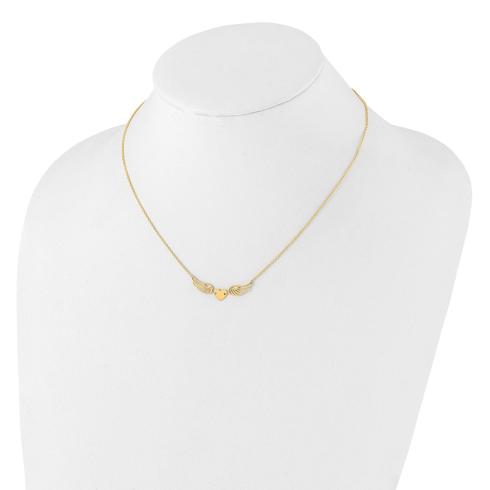 14K Yellow Gold Polished Wings and Heart 17 Inch Necklace
