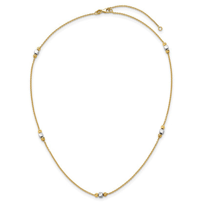14K Two-Tone Gold Polished Diamond-cut and Square Bead 5-Station 16 Inch Necklace Plus 2 Inch Extender