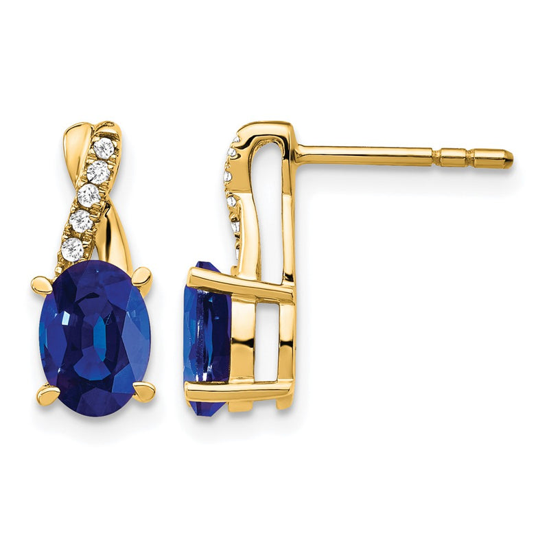 14K Yellow Gold 7x5 Oval September/Lab Created Sapphire and Diamond Post Earrings