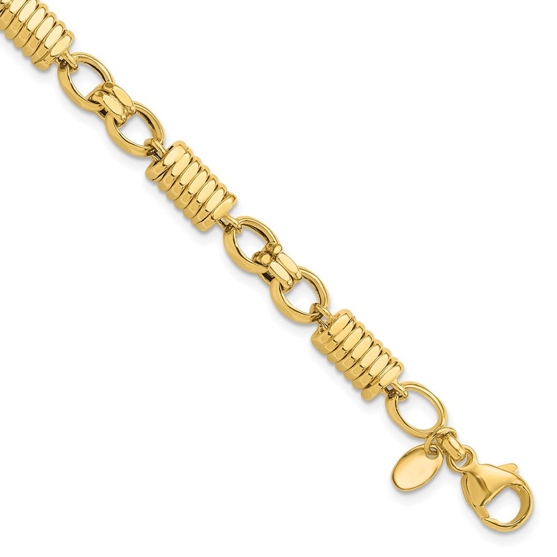 14K Yellow Gold Polished and Grooved 5.4mm Fancy Link 8.5 Inch Mens Bracelet