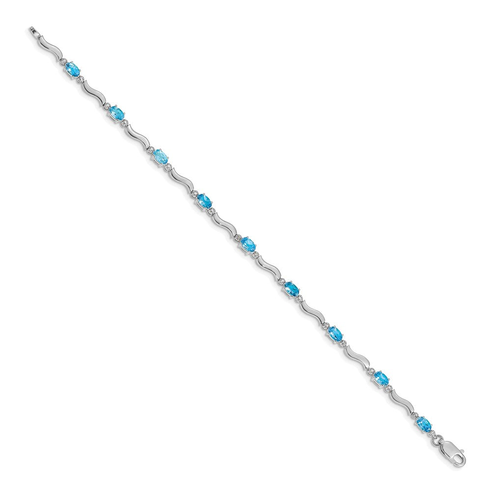 14K White Gold Complete Diamond and Oval Swiss Blue Topaz Wavy Link 7 Inch Bracelet