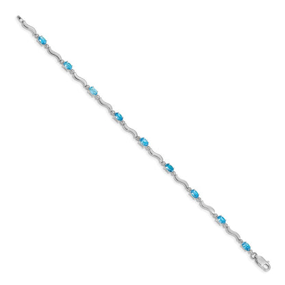 14K White Gold Complete Diamond and Oval Swiss Blue Topaz Wavy Link 7 Inch Bracelet