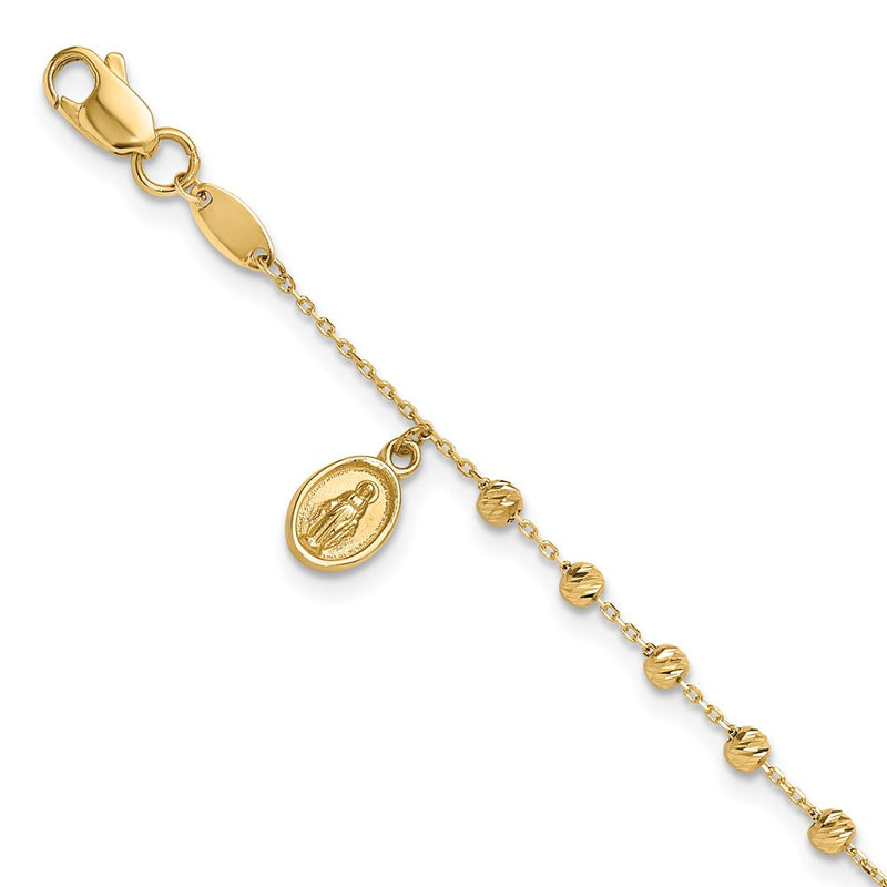 14K Yellow Gold Polished and Diamond-cut Miraculous Medal and Cross 7.5 Inch Rosary Bracelet