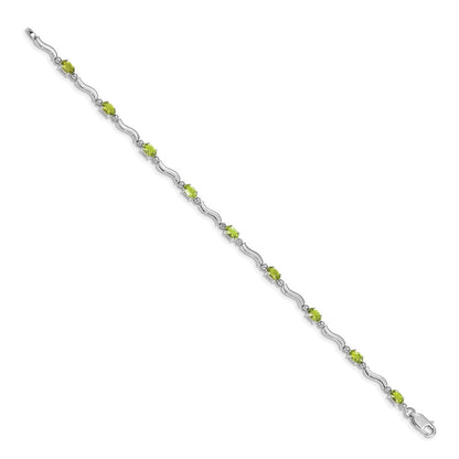 14K White Gold Complete Diamond and Oval Peridot Wavy Link 7 Inch Bracelet